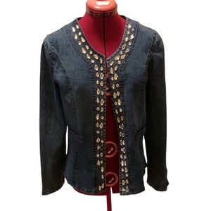 Mengnausai Wash Diamond-Studded Beading Stretch Round Collar Denim Jean Jacket